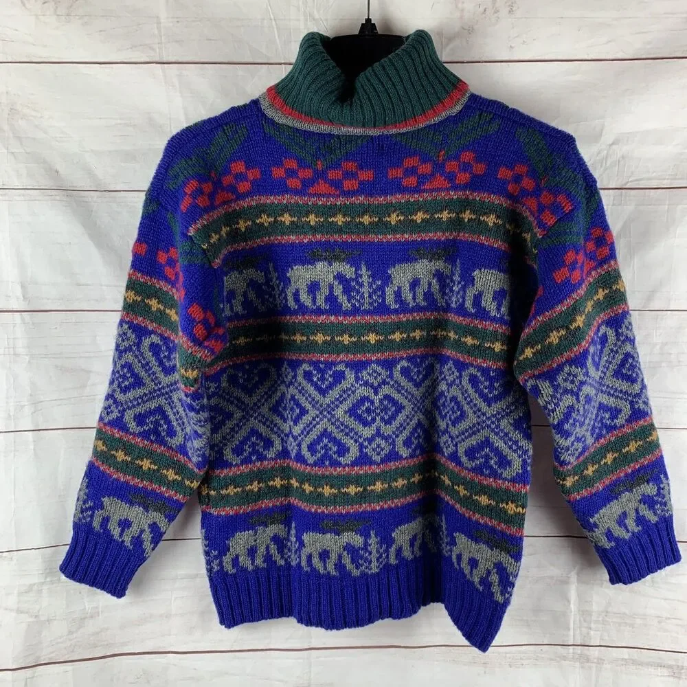 Eddie Bauer Sweater Pullover Vintage Wool turtleneck Deer Animals Geometric Aran - Picture 7 of 16